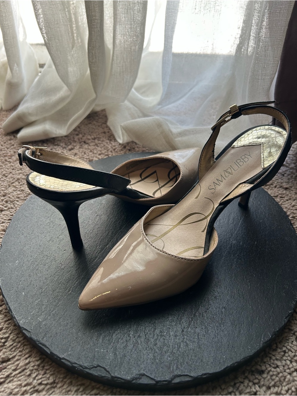 Sam & Libby Nude Patent Pointed-Toe Slingback Heels with Black Strap